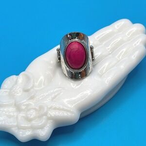 Pink Faux Stone Ring OS Silver Tone Stretch Band Boho Statement Western Festival
